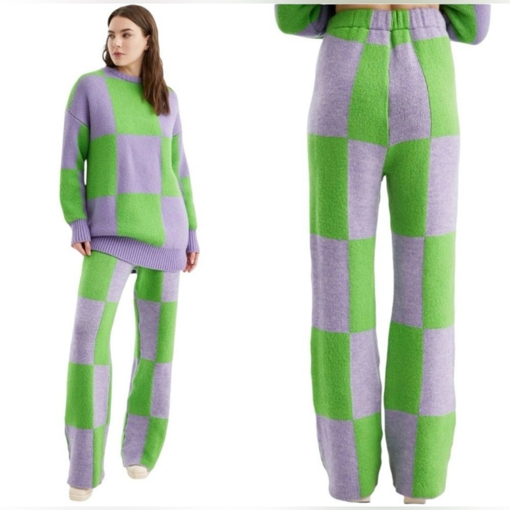Nocturne Lime Green & Gray Check Wide Leg High Waisted Sweater Pants